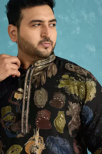 black printed silk blend kurta traditional ethnic wear for wedding & festive occasions