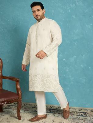 Men’s white embroidered silk blend kurta – traditional ethnic wear for wedding & festive occasions 3