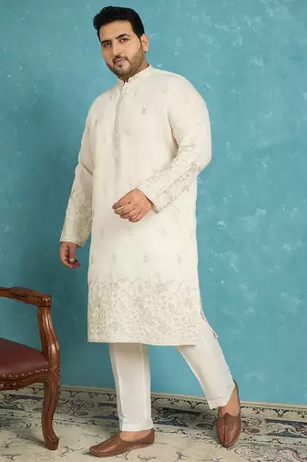 Men’s white embroidered silk blend kurta – traditional ethnic wear for wedding & festive occasions