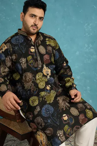 black printed silk blend kurta traditional ethnic wear for wedding & festive occasions