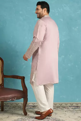 Men’s lavender embroidered silk blend kurta – traditional ethnic wear for wedding & festive occasions