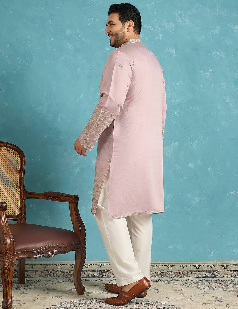 Men’s lavender embroidered silk blend kurta – traditional ethnic wear for wedding & festive occasions