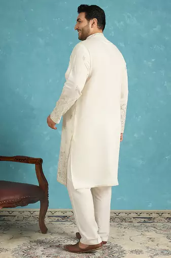 Men’s white embroidered silk blend kurta – traditional ethnic wear for wedding & festive occasions