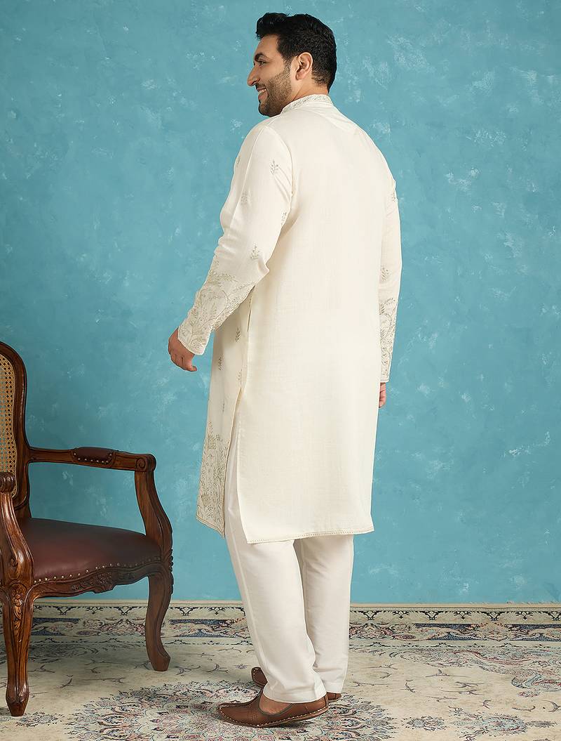 Men’s white embroidered silk blend kurta – traditional ethnic wear for wedding & festive occasions