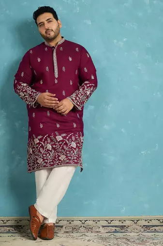 purple embroidered silk blend kurta