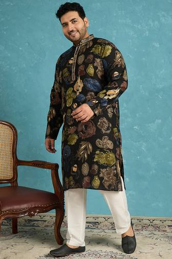 black printed silk blend kurta traditional ethnic wear for wedding & festive occasions