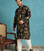 black printed silk blend kurta traditional ethnic wear for wedding & festive occasions