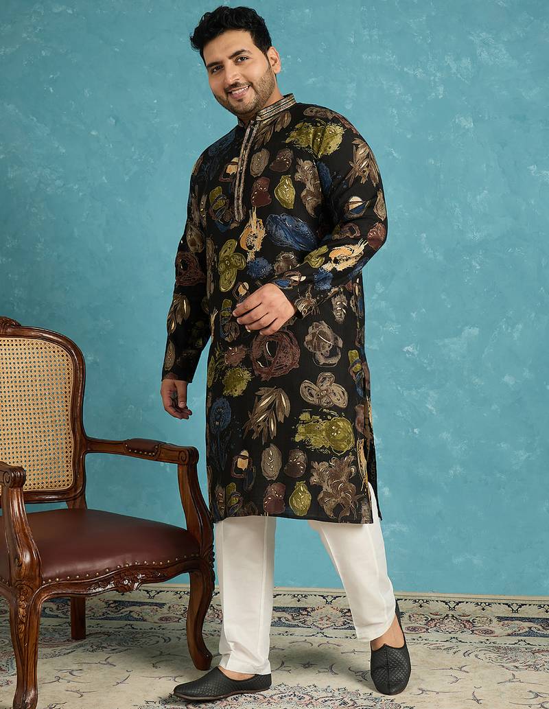 black printed silk blend kurta traditional ethnic wear for wedding & festive occasions
