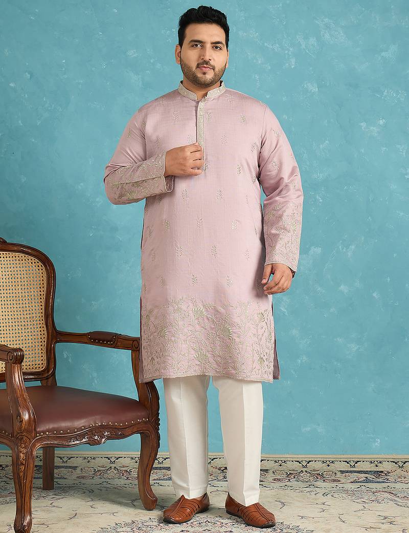 Men’s lavender embroidered silk blend kurta – traditional ethnic wear for wedding & festive occasions