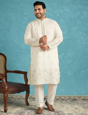 Men’s white embroidered silk blend kurta – traditional ethnic wear for wedding & festive occasions 5