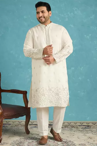 Men’s white embroidered silk blend kurta – traditional ethnic wear for wedding & festive occasions