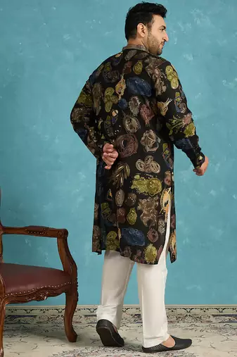 black printed silk blend kurta traditional ethnic wear for wedding & festive occasions
