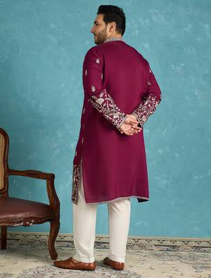 Men’s purple embroidered silk blend kurta – traditional ethnic wear for wedding & festive occasions 4