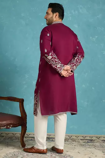 purple embroidered silk blend kurta
