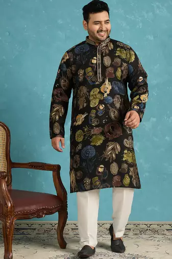 black printed silk blend kurta traditional ethnic wear for wedding & festive occasions