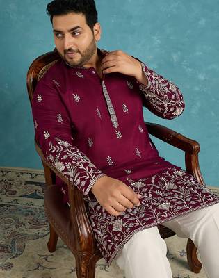 Men’s purple embroidered silk blend kurta – traditional ethnic wear for wedding & festive occasions 5