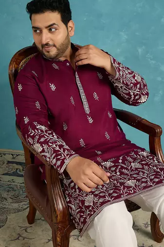 purple embroidered silk blend kurta