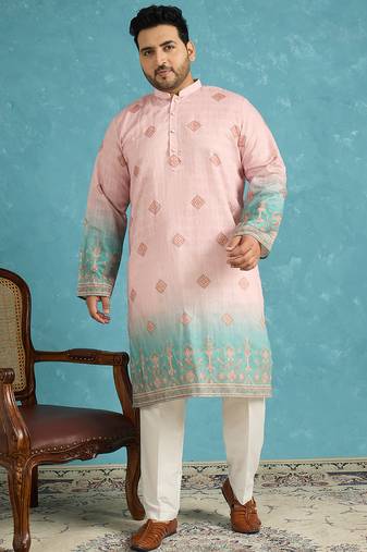 peach printed silk blend kurta