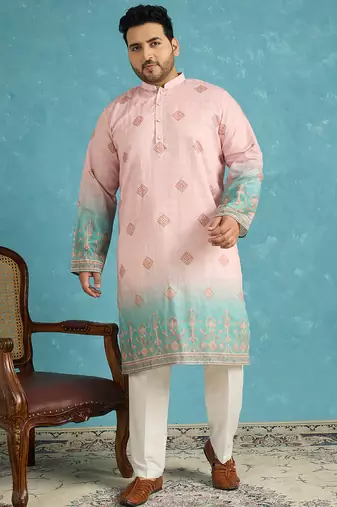 peach printed silk blend kurta