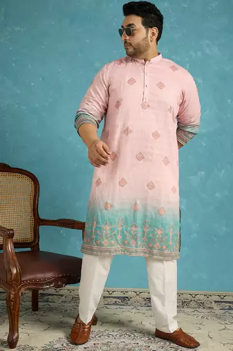 peach printed silk blend kurta