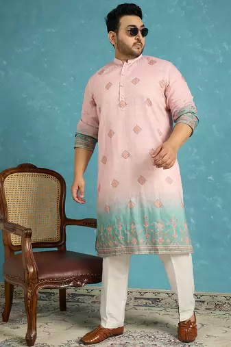peach printed silk blend kurta
