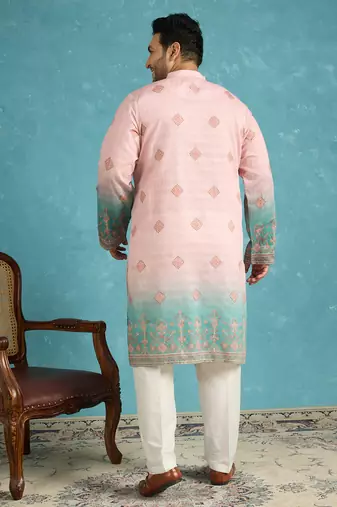 peach printed silk blend kurta