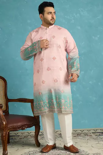 peach printed silk blend kurta