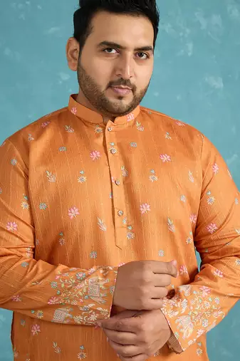 orange printed silk blend kurta