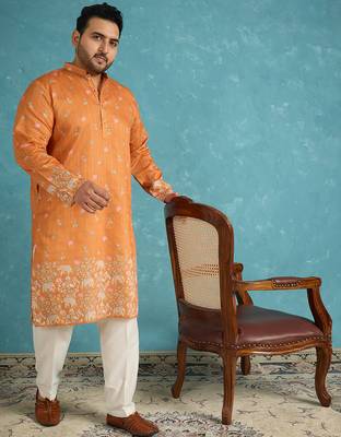 orange printed silk blend kurta 2
