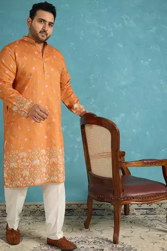 orange printed silk blend kurta