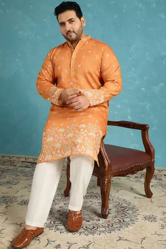 orange printed silk blend kurta