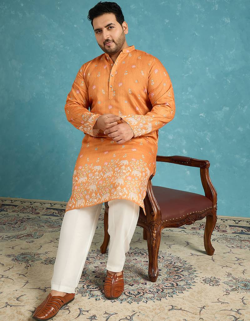 orange printed silk blend kurta