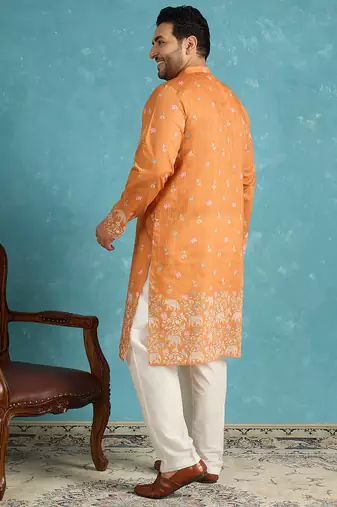 orange printed silk blend kurta