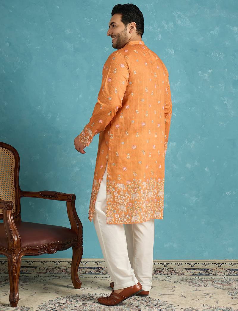 orange printed silk blend kurta