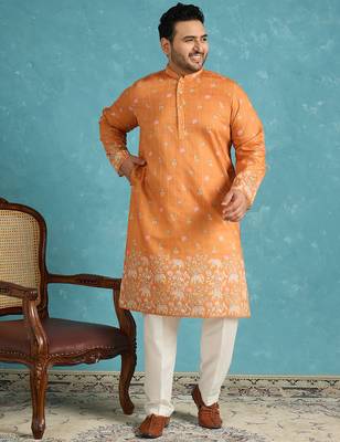 orange printed silk blend kurta 5