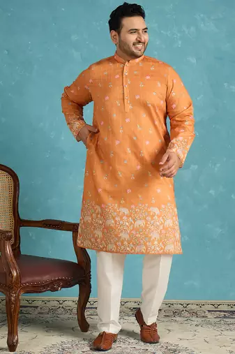 orange printed silk blend kurta