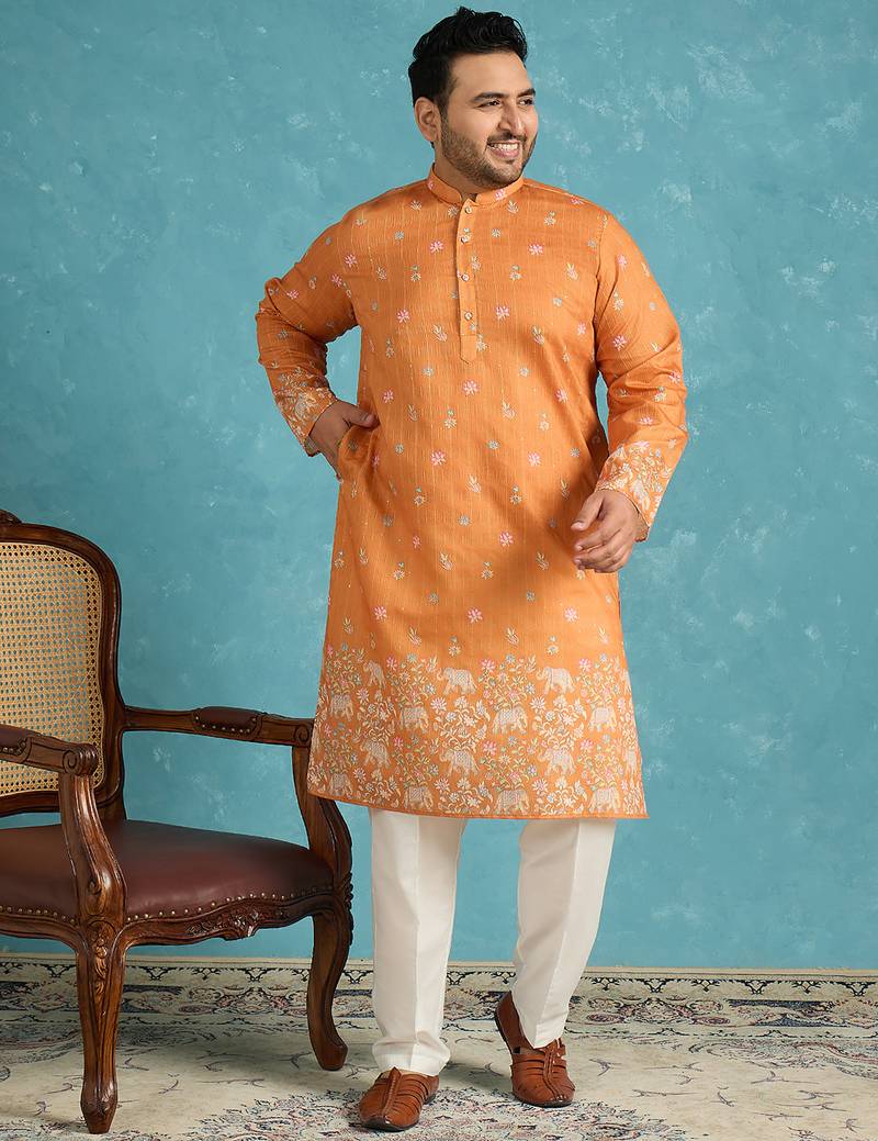 orange printed silk blend kurta
