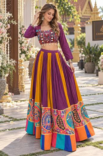 Wine Rayon Readymade Navratri Lehenga Choli with Embroidery & Mirror Work