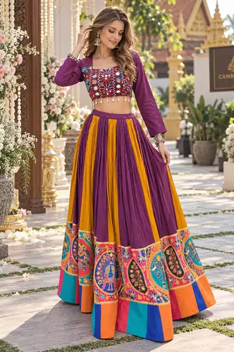 Wine Rayon Readymade Navratri Lehenga Choli with Embroidery & Mirror Work