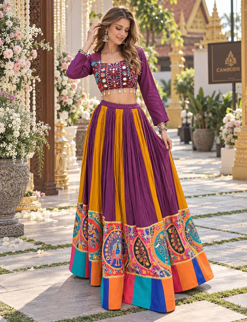 Wine Rayon Readymade Navratri Lehenga Choli with Embroidery & Mirror Work