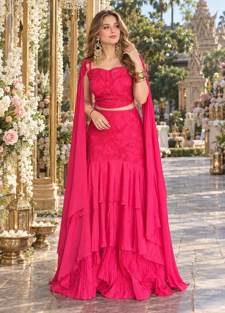Pink Crepe Readymade Lehenga Choli with Embroidery & Sequence Work