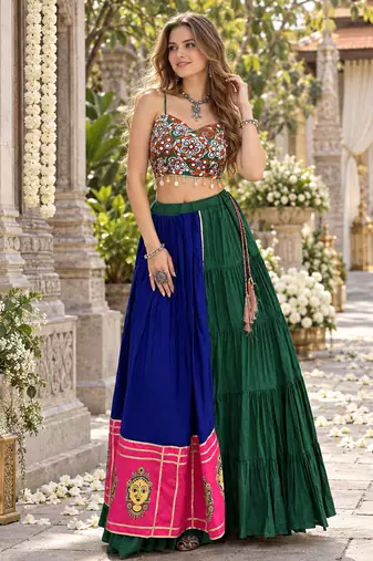 Blue Rayon Readymade Navratri Lehenga Choli with Embroidery & Mirror Work