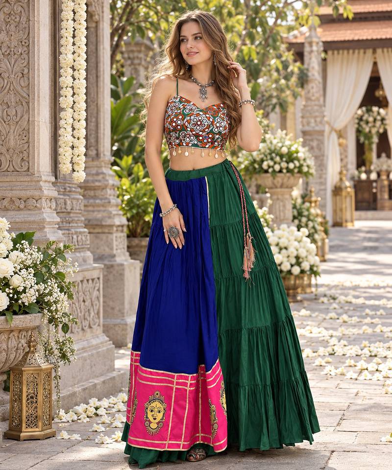 Blue Rayon Readymade Navratri Lehenga Choli with Embroidery & Mirror Work