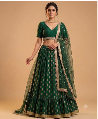 green banarasi viscose lehenga choli with dupatta 1