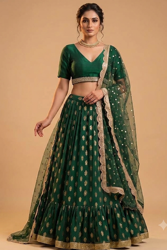 green banarasi viscose lehenga choli with dupatta