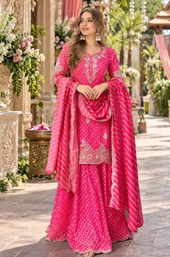 Pink silk blend readymade suit with embroidery & sequence work