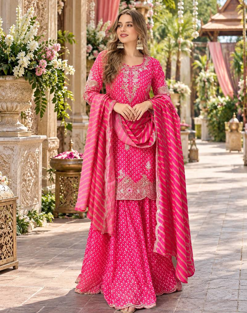 Pink silk blend readymade suit with embroidery & sequence work