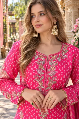 Pink silk blend readymade suit with embroidery & sequence work