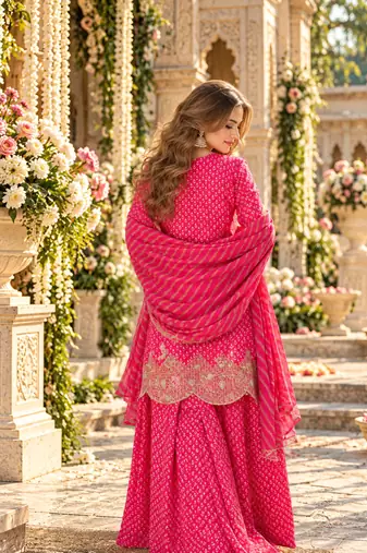 Pink silk blend readymade suit with embroidery & sequence work