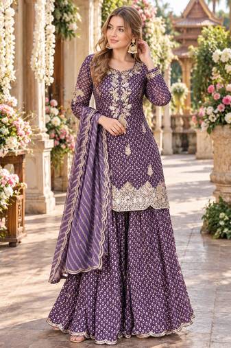 Purple silk blend readymade suit with embroidery & sequence work